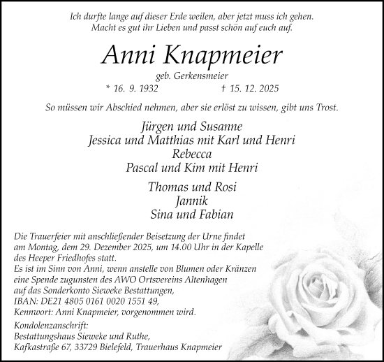 Traueranzeige von Anni Knapmeier von Neue Westfälische und Westfalen-Blatt
