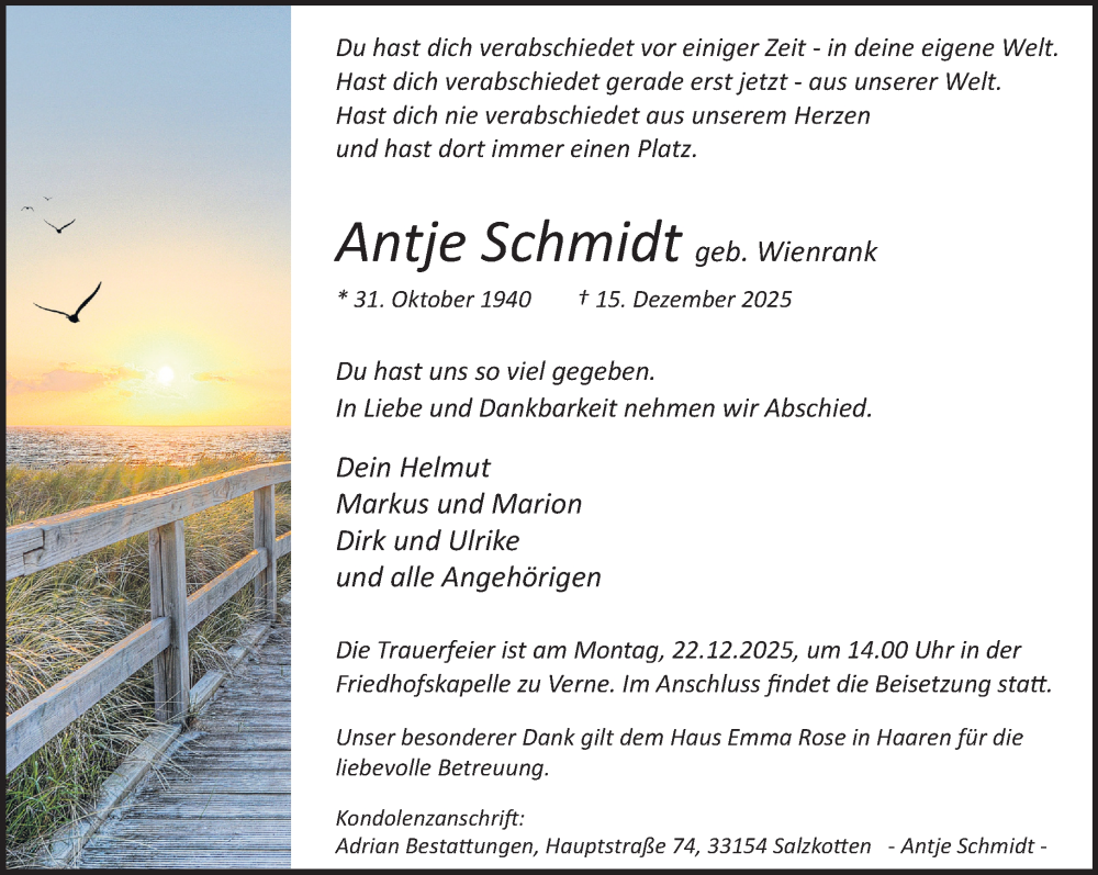  Traueranzeige für Antje Schmidt vom 20.12.2025 aus Neue Westfälische und Westfalen-Blatt