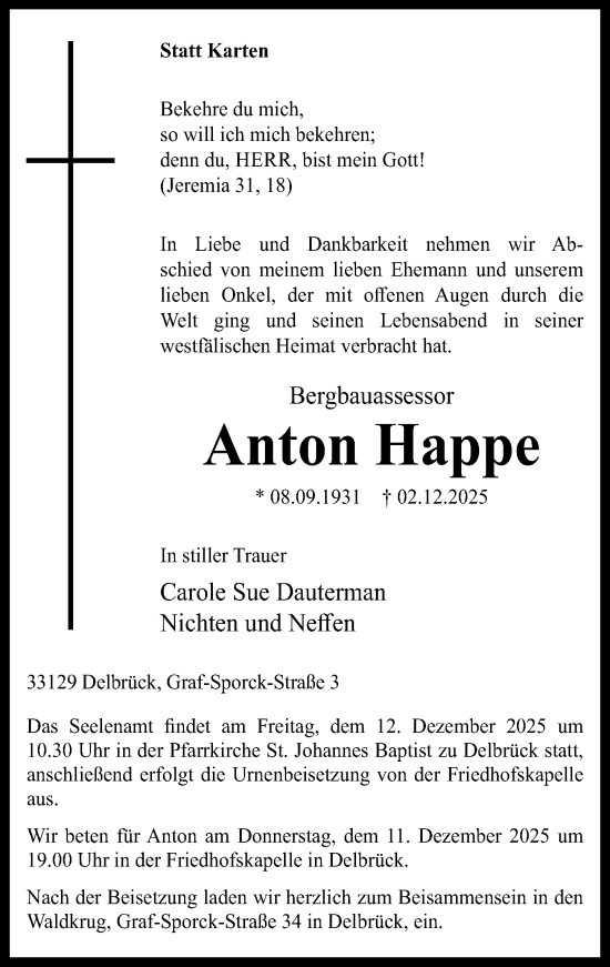 Traueranzeige von Anton Happe von Neue Westfälische und Westfalen-Blatt