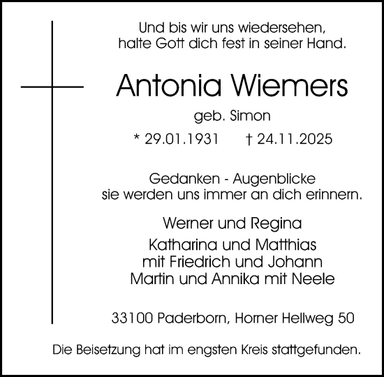Traueranzeige von Antonia Wiemers von Neue Westfälische und Westfalen-Blatt