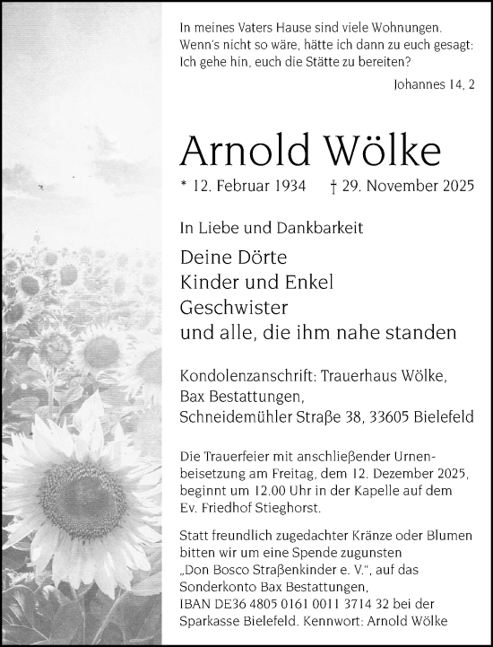 Traueranzeige von Arnold Wölke von Neue Westfälische und Westfalen-Blatt