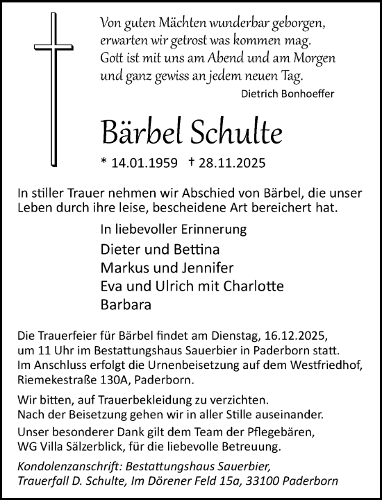 Traueranzeige von Bärbel Schulte von Neue Westfälische und Westfalen-Blatt
