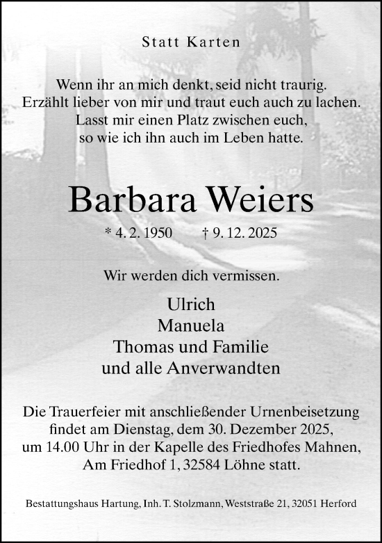 Traueranzeige von Barbara Weiers von Neue Westfälische und Westfalen-Blatt