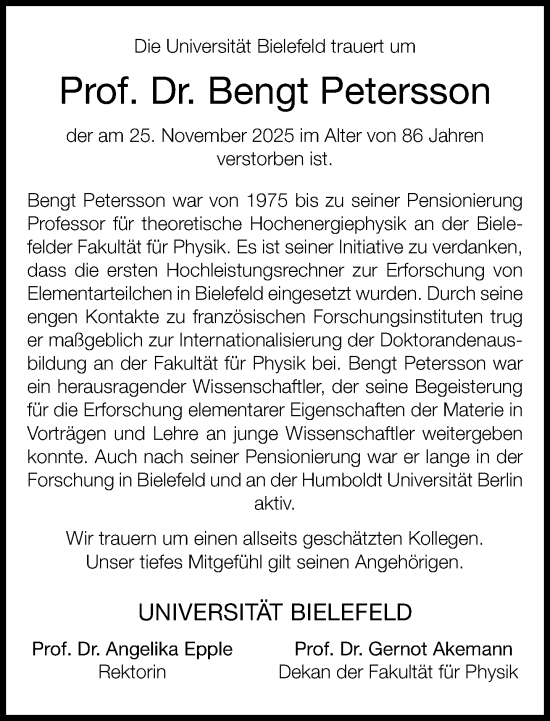 Traueranzeige von Bengt Petersson von Neue Westfälische und Westfalen-Blatt