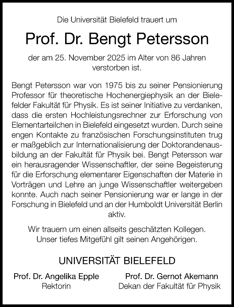  Traueranzeige für Bengt Petersson vom 13.12.2025 aus Neue Westfälische und Westfalen-Blatt