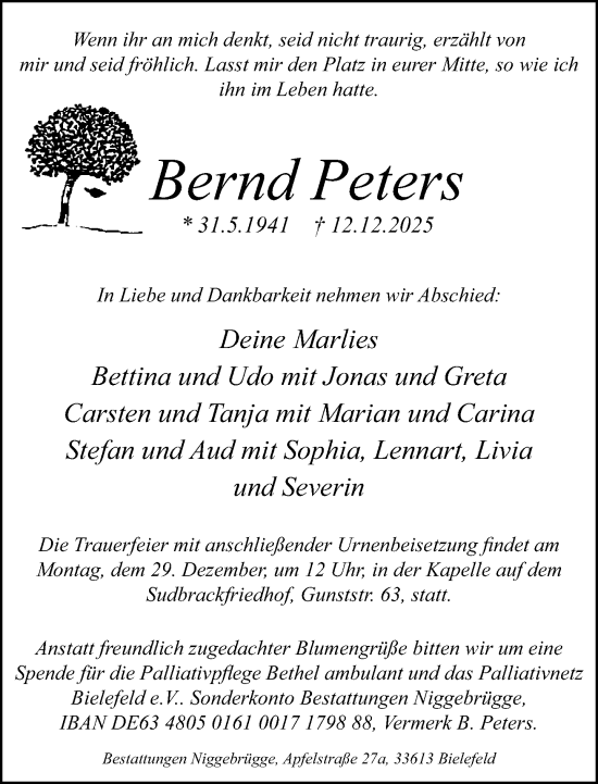 Traueranzeige von Bernd Peters von Neue Westfälische und Westfalen-Blatt