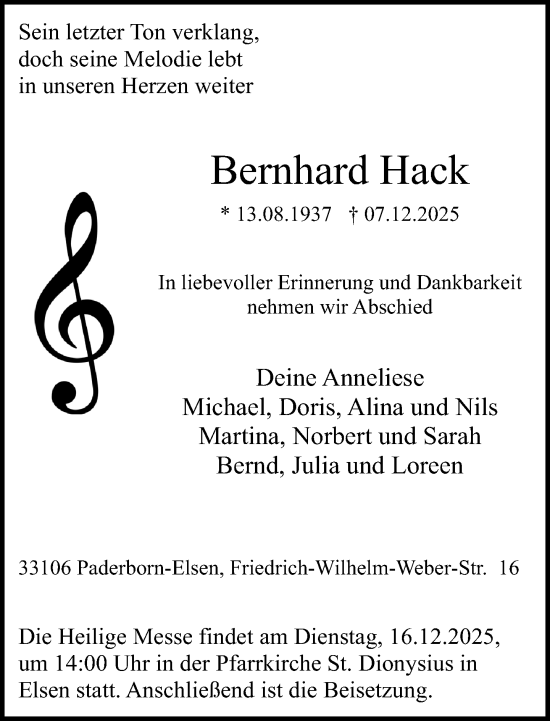 Traueranzeige von Bernhard Hack von Neue Westfälische und Westfalen-Blatt