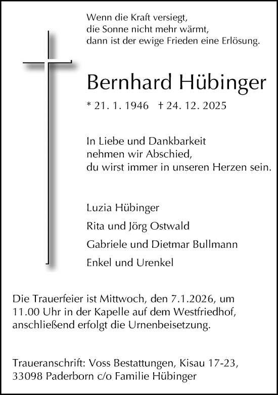 Traueranzeige von Bernhard Hübinger von Neue Westfälische und Westfalen-Blatt
