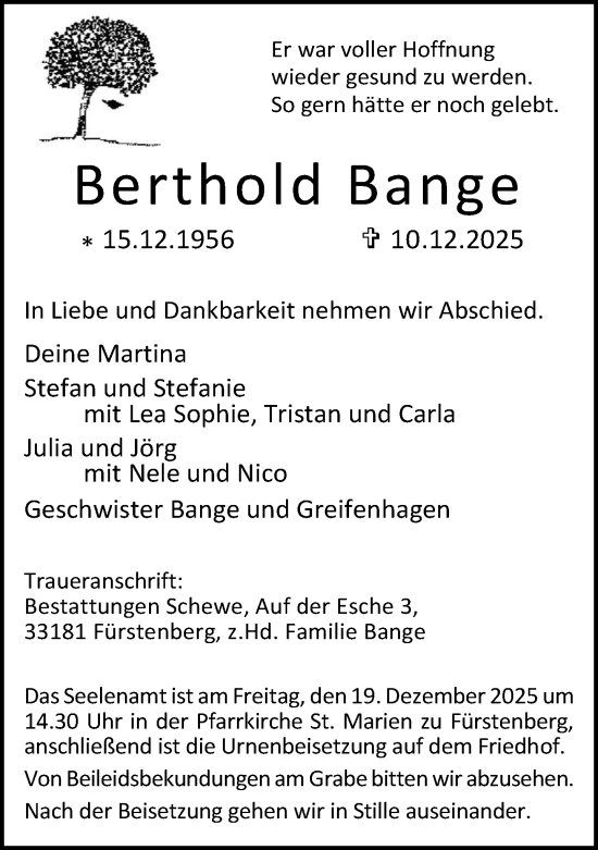 Traueranzeige von Berthold Bange von Neue Westfälische und Westfalen-Blatt