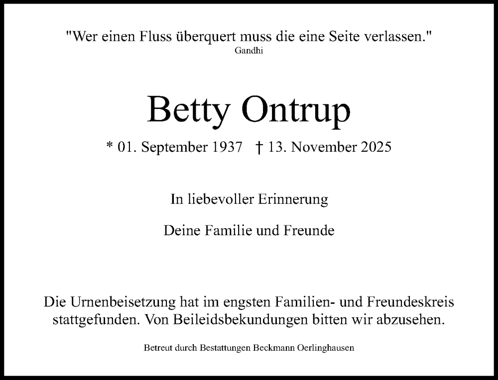  Traueranzeige für Betty Ontrup vom 10.12.2025 aus Neue Westfälische und Westfalen-Blatt