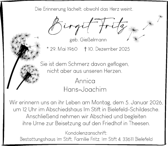 Traueranzeige von Birgit Fritz von Neue Westfälische und Westfalen-Blatt