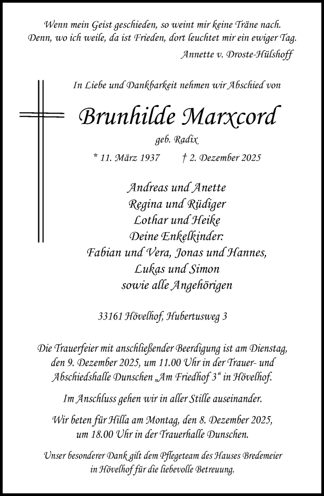  Traueranzeige für Brunhilde Marxcord vom 03.12.2025 aus Neue Westfälische und Westfalen-Blatt