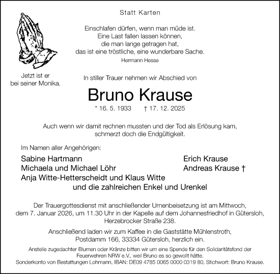 Traueranzeige von Bruno Krause von Neue Westfälische und Westfalen-Blatt