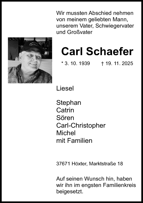 Traueranzeige von Carl Schaefer von Neue Westfälische und Westfalen-Blatt