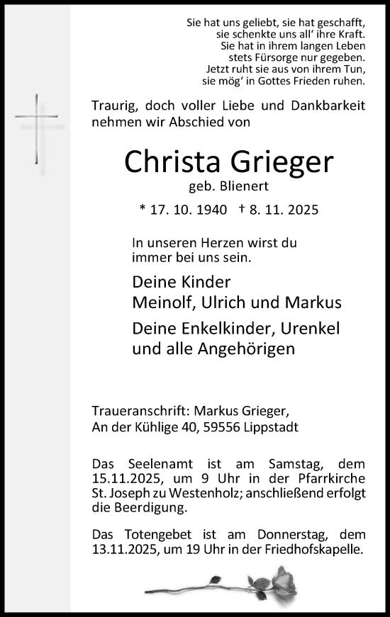 Traueranzeige von Christa Grieger von Neue Westfälische und Westfalen-Blatt