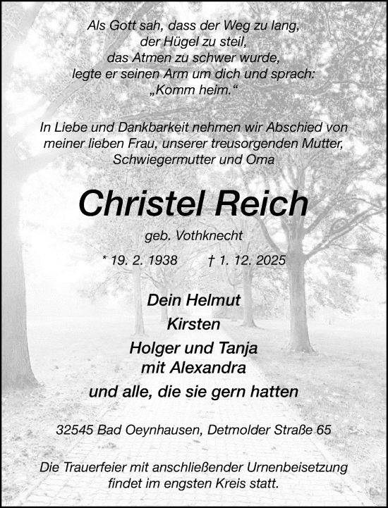 Traueranzeige von Christel Reich von Neue Westfälische und Westfalen-Blatt