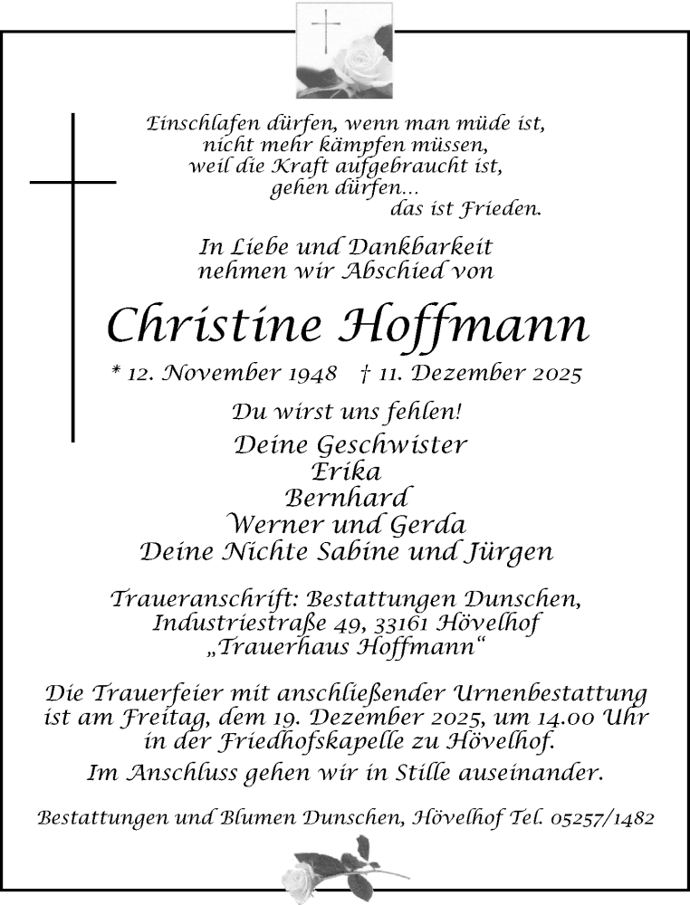  Traueranzeige für Christine Hoffmann vom 13.12.2025 aus Neue Westfälische und Westfalen-Blatt