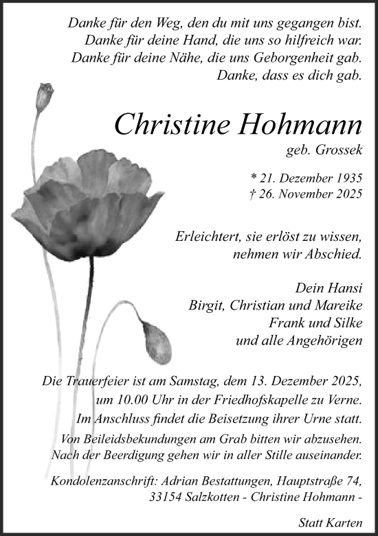 Traueranzeige von Christine Hohmann von Neue Westfälische und Westfalen-Blatt