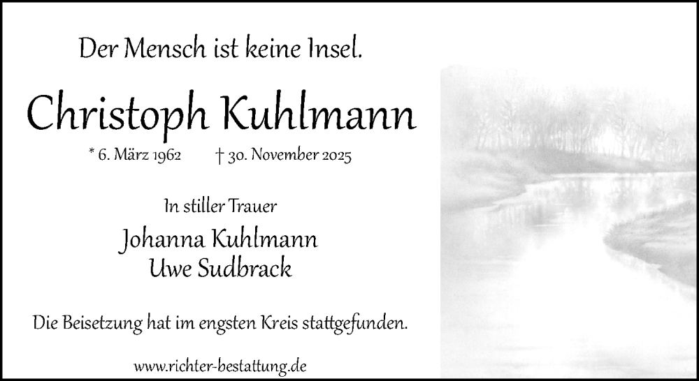  Traueranzeige für Christoph Kuhlmann vom 13.12.2025 aus Neue Westfälische und Westfalen-Blatt