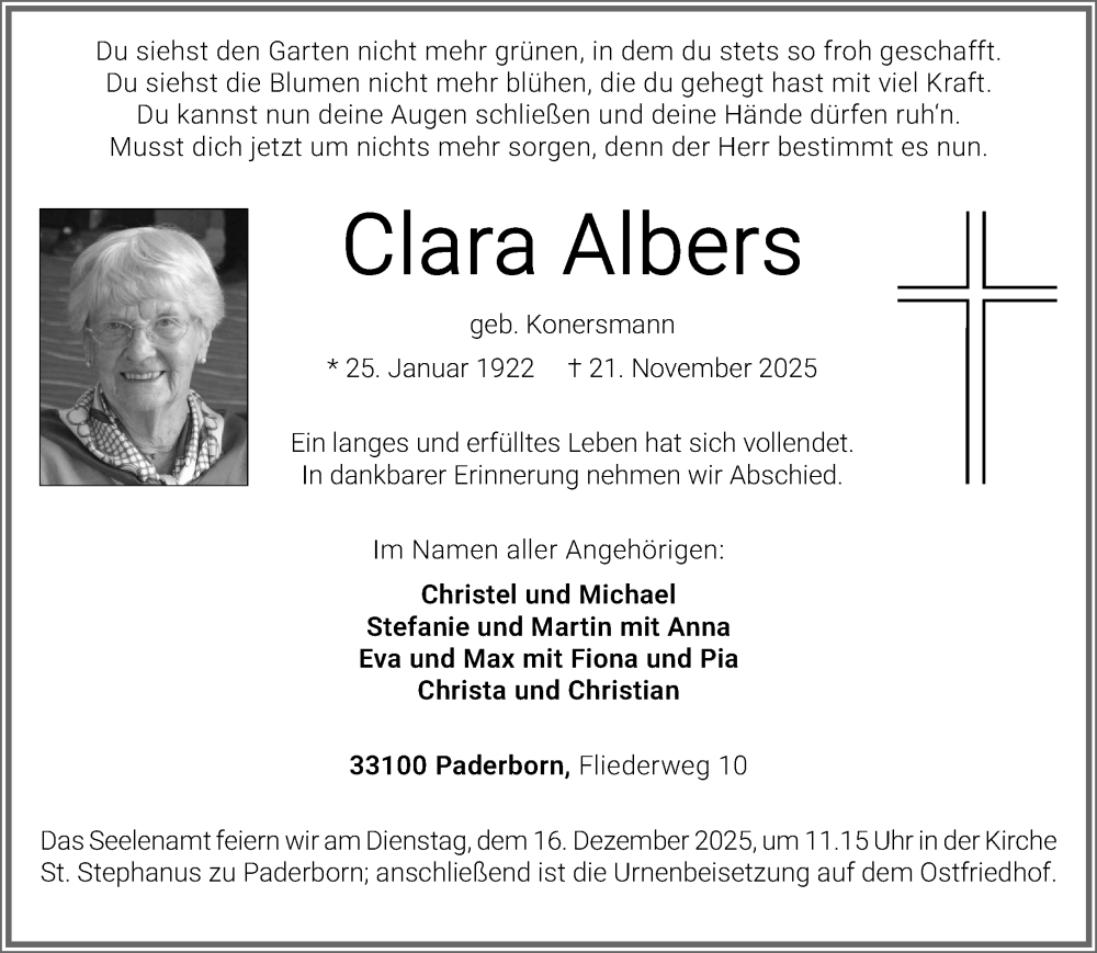  Traueranzeige für Clara Albers vom 06.12.2025 aus Neue Westfälische und Westfalen-Blatt