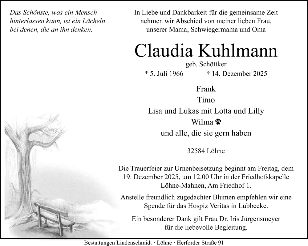  Traueranzeige für Claudia Kuhlmann vom 17.12.2025 aus Neue Westfälische und Westfalen-Blatt