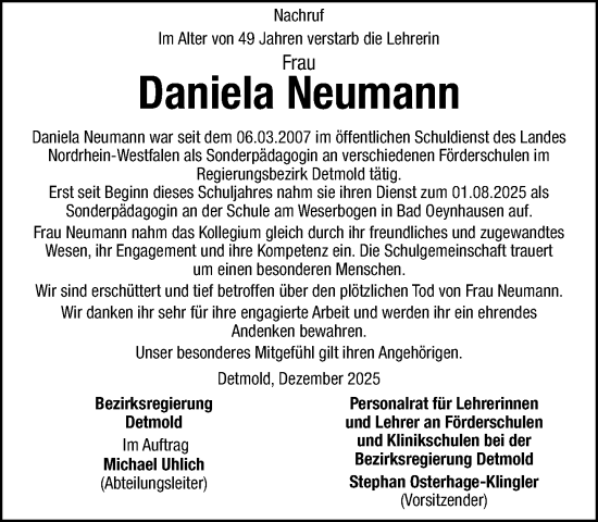 Traueranzeige von Daniela Neumann von Neue Westfälische und Westfalen-Blatt