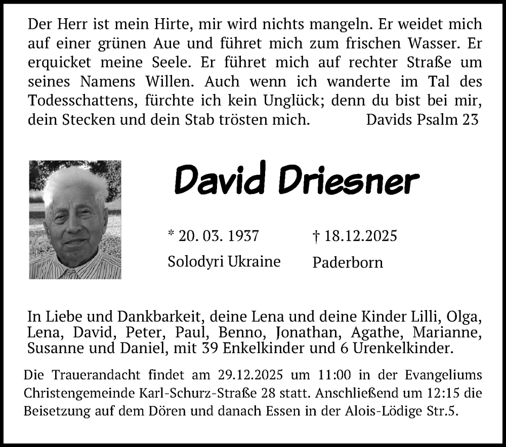 Traueranzeige für David Driesner vom 23.12.2025 aus Neue Westfälische und Westfalen-Blatt
