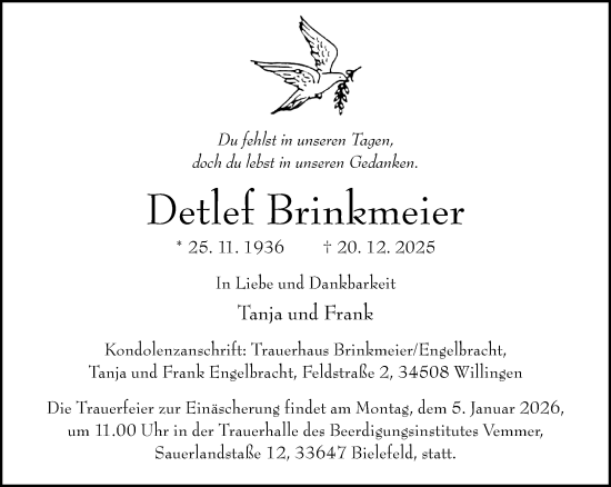 Traueranzeige von Detlef Brinkmeier von Neue Westfälische und Westfalen-Blatt