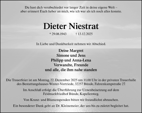Traueranzeige von Dieter Niestrat von Neue Westfälische und Westfalen-Blatt