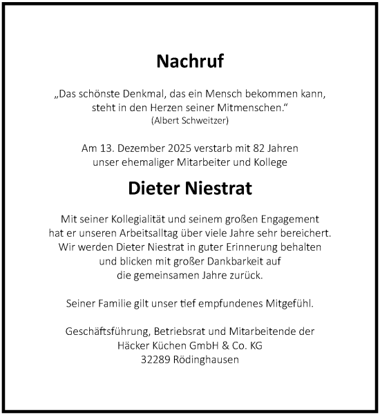 Traueranzeige von Dieter Niestrat von Neue Westfälische und Westfalen-Blatt