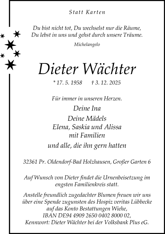Traueranzeige von Dieter Wächter von Neue Westfälische und Westfalen-Blatt