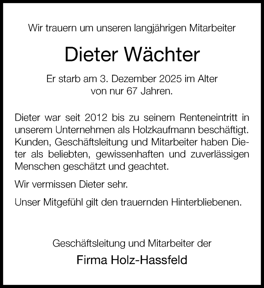  Traueranzeige für Dieter Wächter vom 20.12.2025 aus Neue Westfälische und Westfalen-Blatt