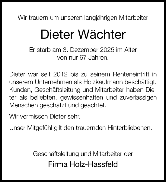 Traueranzeige von Dieter Wächter von Neue Westfälische und Westfalen-Blatt