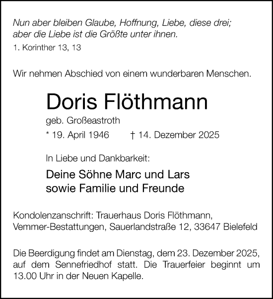 Traueranzeige von Doris Flöthmann von Neue Westfälische und Westfalen-Blatt