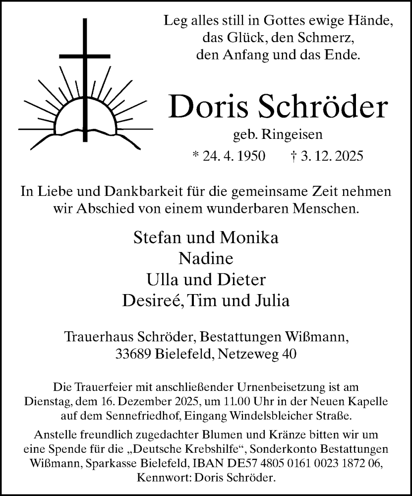  Traueranzeige für Doris Schröder vom 06.12.2025 aus Neue Westfälische und Westfalen-Blatt