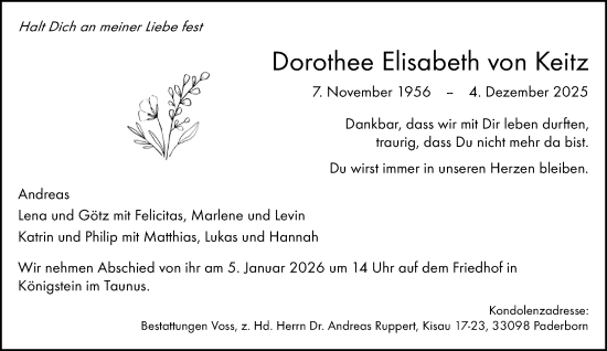 Traueranzeige von Dorothee Elisabeth von Keitz von Neue Westfälische und Westfalen-Blatt