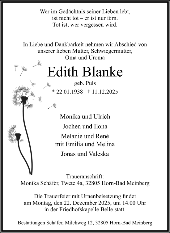 Traueranzeige von Edith Blanke von Neue Westfälische und Westfalen-Blatt
