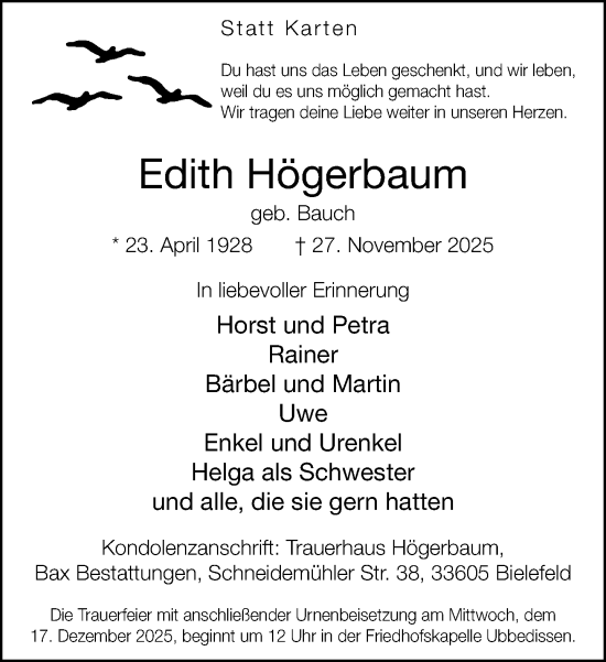 Traueranzeige von Edith Högerbaum von Neue Westfälische und Westfalen-Blatt