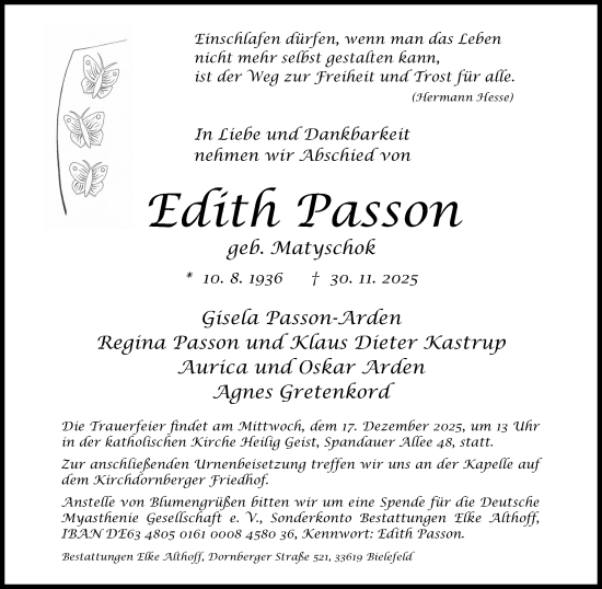Traueranzeige von Edith Passon von Neue Westfälische und Westfalen-Blatt