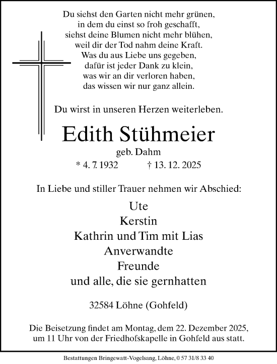 Traueranzeige von Edith Stühmeier von Neue Westfälische und Westfalen-Blatt