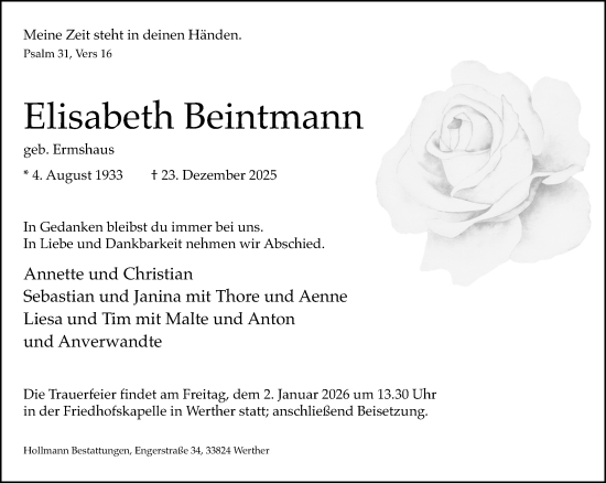 Traueranzeige von Elisabeth Beintmann von Neue Westfälische und Westfalen-Blatt