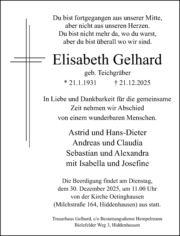  Traueranzeige für Elisabeth Gelhard vom 27.12.2025 aus Neue Westfälische und Westfalen-Blatt