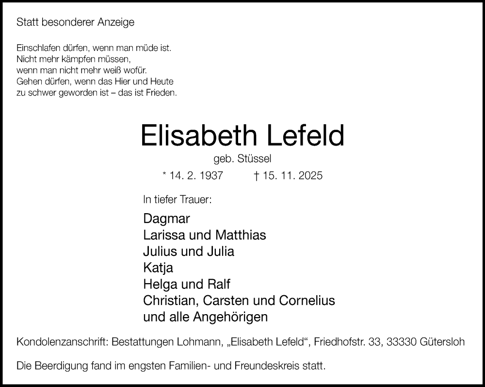  Traueranzeige für Elisabeth Lefeld vom 01.12.2025 aus Neue Westfälische und Westfalen-Blatt