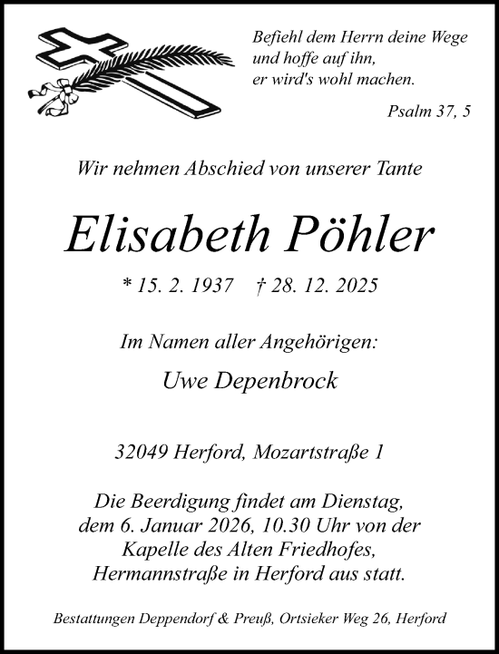 Traueranzeige von Elisabeth Pöhler von Neue Westfälische und Westfalen-Blatt