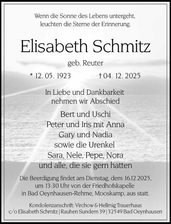 Traueranzeige von Elisabeth Schmitz von Neue Westfälische und Westfalen-Blatt