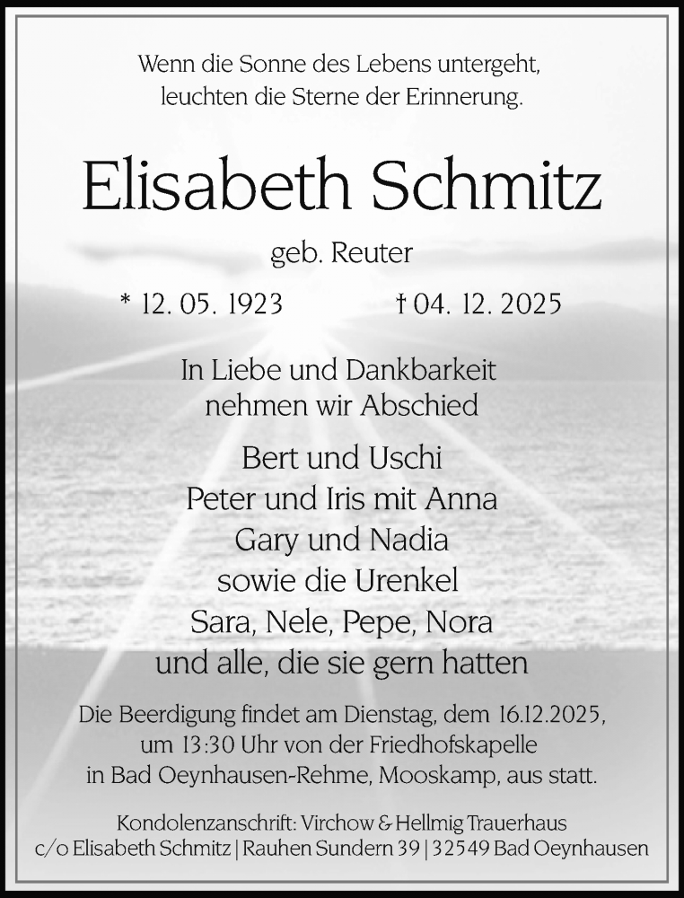 Traueranzeige für Elisabeth Schmitz vom 10.12.2025 aus Neue Westfälische und Westfalen-Blatt