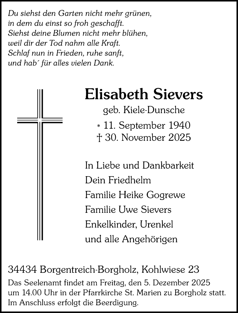  Traueranzeige für Elisabeth Sievers vom 03.12.2025 aus Neue Westfälische und Westfalen-Blatt