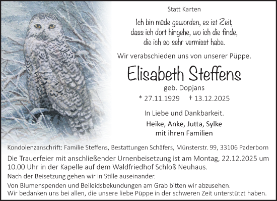 Traueranzeige von Elisabeth Steffens von Neue Westfälische und Westfalen-Blatt