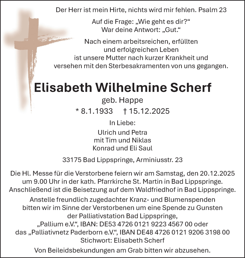  Traueranzeige für Elisabeth Wilhelmine Scherf vom 17.12.2025 aus Neue Westfälische und Westfalen-Blatt