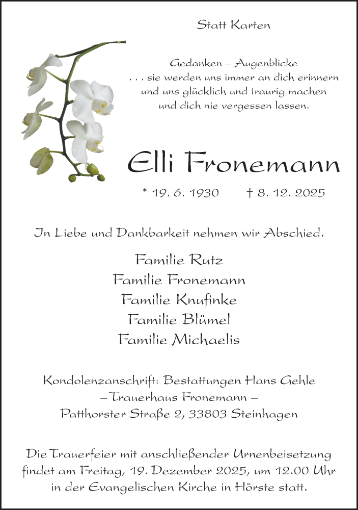  Traueranzeige für Elli Fronemann vom 13.12.2025 aus Neue Westfälische und Westfalen-Blatt